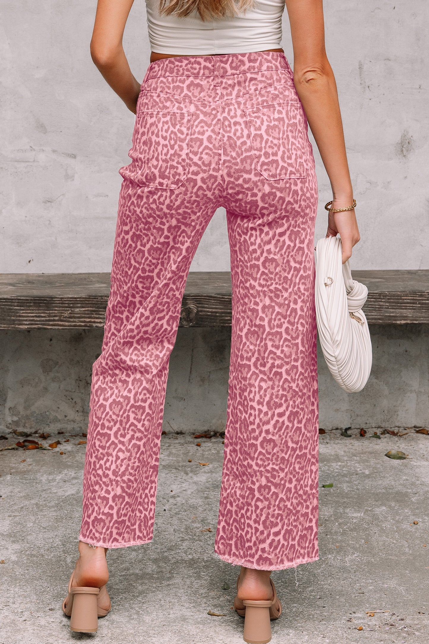 Brown Leopard Frayed Edge Wide Leg High Waist Jeans