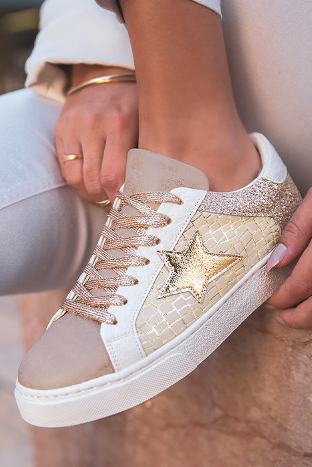 Tillandsia Purple Dearlove Glitter Star Patchwork PU Leather Lace-up Sneakers